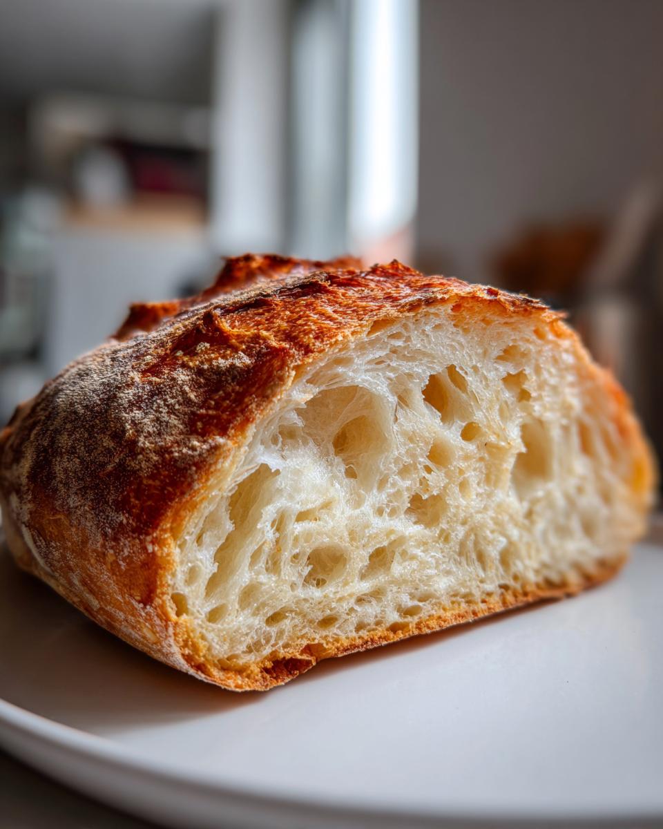 Close-up of a freshly baked Italian bread slice showing a golden, crusty exterior and an airy, open crumb structure.