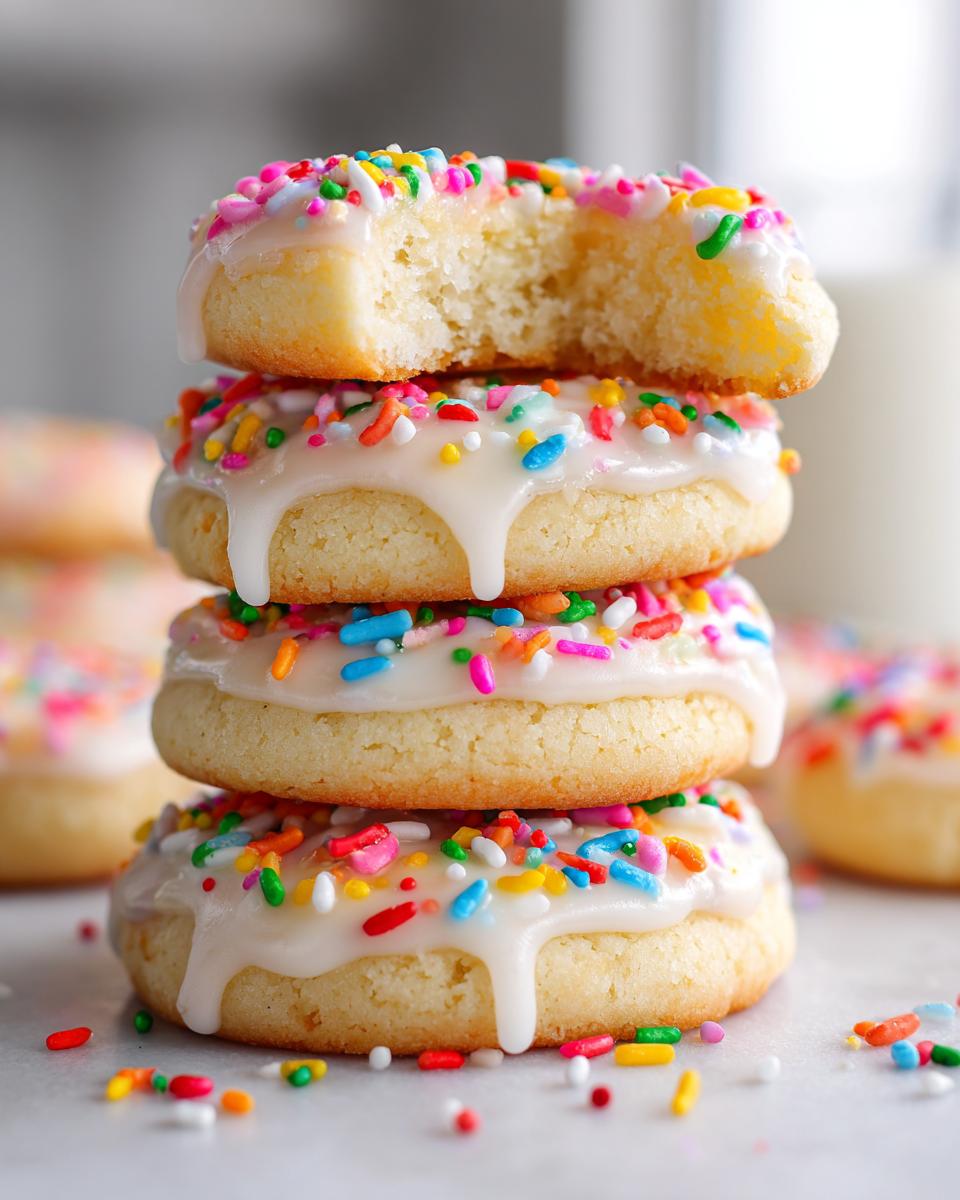Stack of four soft italian ricotta cookies topped with white glaze and colorful sprinkles, one cookie has a bite taken out.