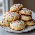 A tall stack of soft Italian ricotta cookies topped with white glaze and rainbow sprinkles on a white plate.