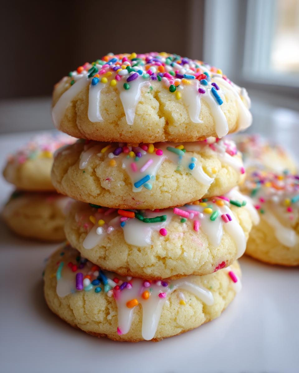 Close-up of a stack of four soft italian ricotta cookies topped with white glaze and colorful sprinkles.