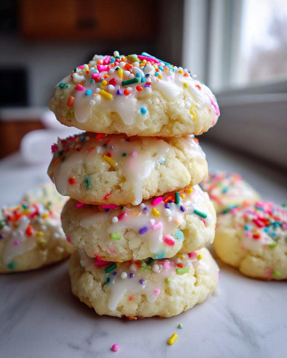 A vertical stack of four soft italian ricotta cookies topped with white glaze and colorful sprinkles.