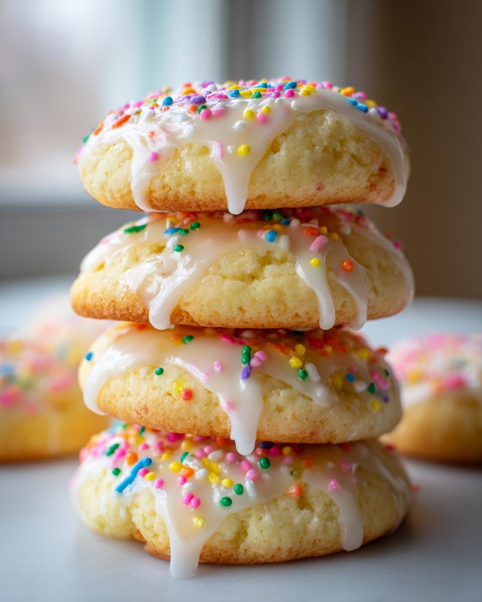 A vertical stack of four soft italian ricotta cookies topped with white glaze and colorful sprinkles.