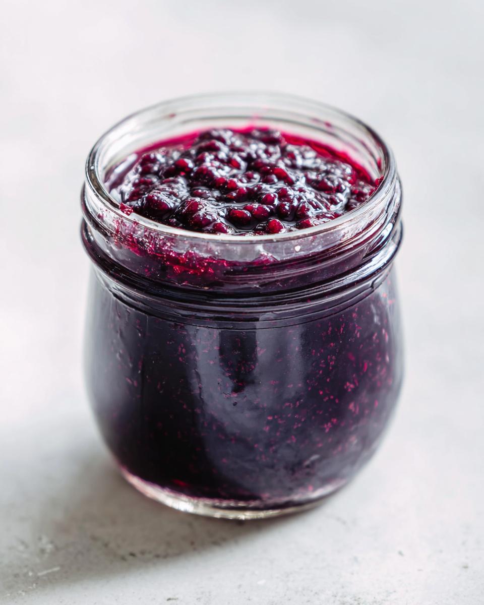 A close-up of a glass jar filled with rich, dark purple blackberry jam, showing whole fruit pieces.