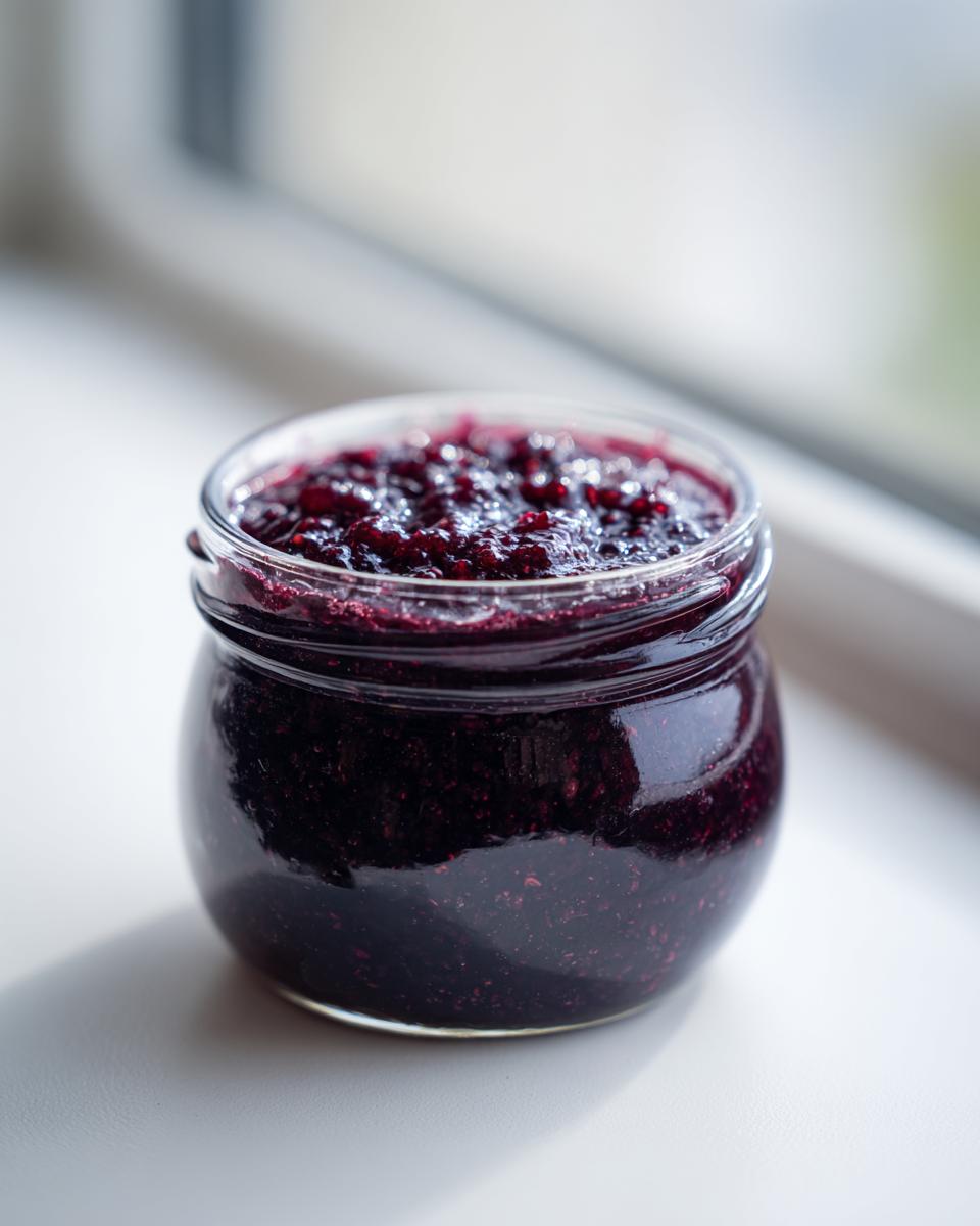 A small glass jar filled with rich, deep purple blackberry jam sitting on a bright white surface near a window.