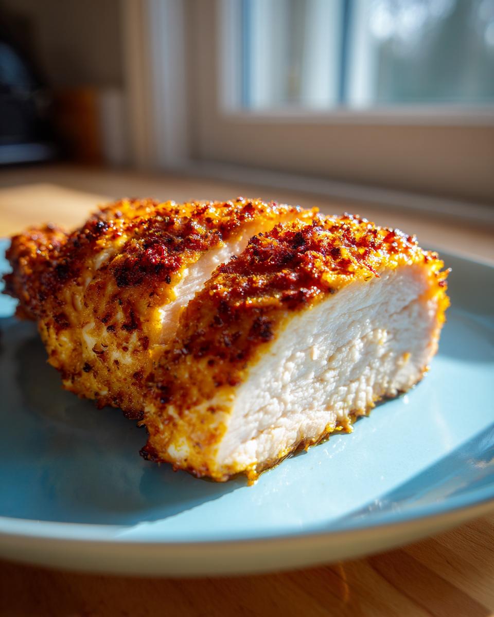 Close-up of juicy baked ranch chicken breast, sliced to show white meat and a seasoned, crispy crust.