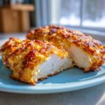 Close-up of juicy baked ranch chicken breast cut open, showing white meat and a crispy, golden-brown ranch coating.
