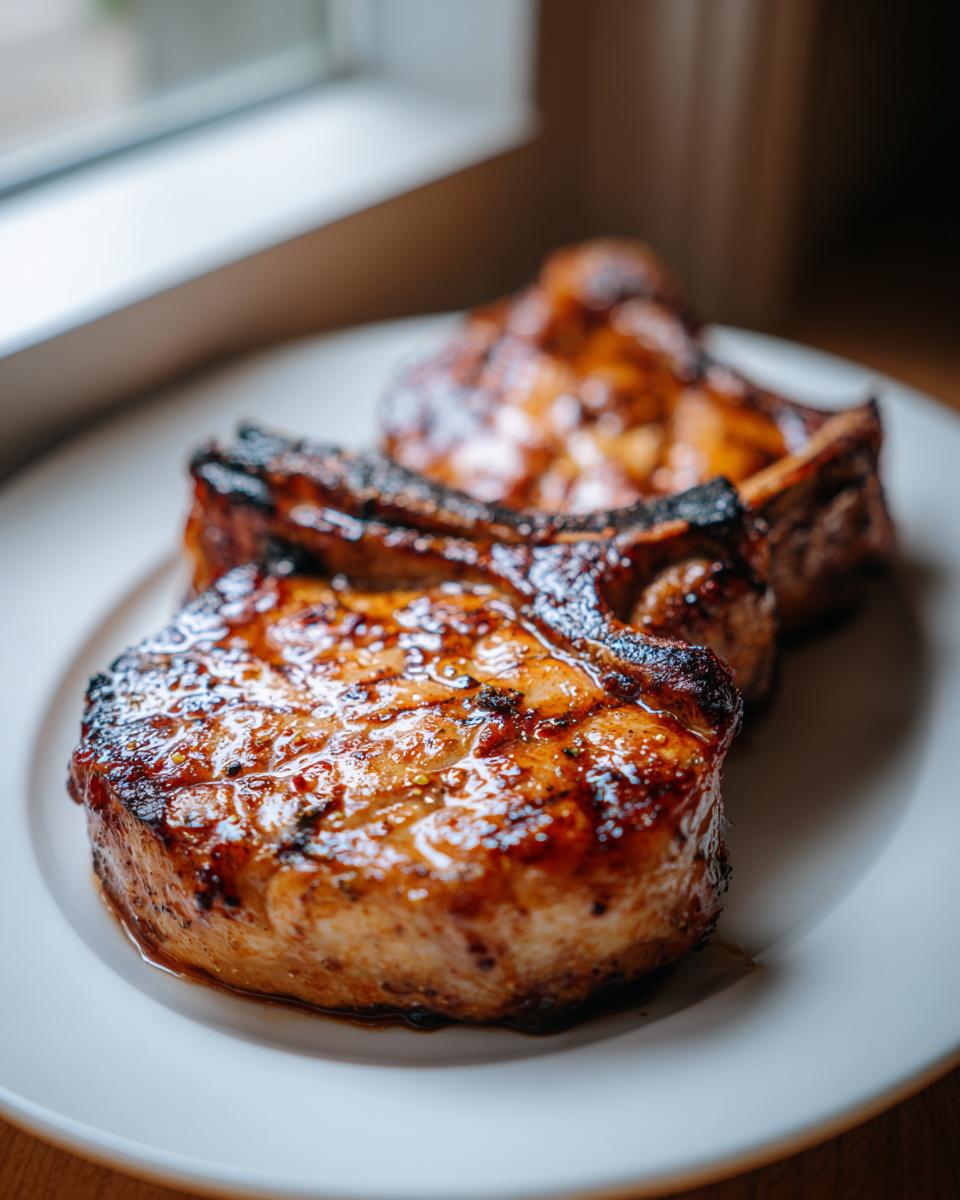 Close-up of two thick, juicy pork chops with a caramelized glaze, ready to eat after using the marinade for pork chops.