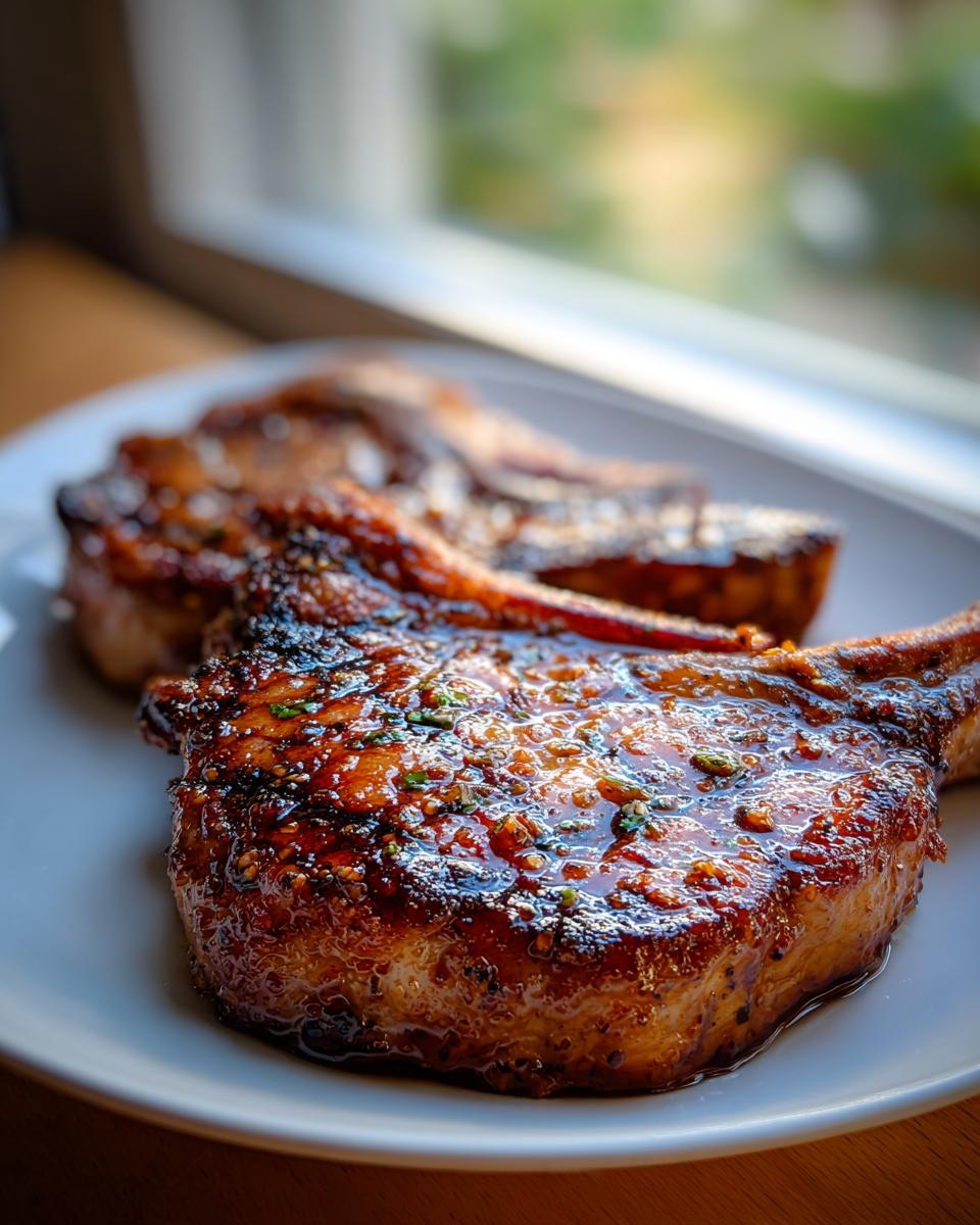 Two thick, grilled pork chops glistening with a dark, savory marinade for pork chops, served on a white plate.