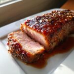 Close-up of a perfectly cooked pork tenderloin recipe slice showing juicy pink interior and a thick, shiny glaze.