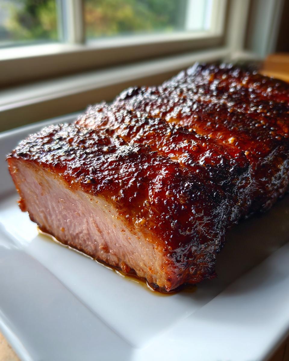 Close-up of a perfectly cooked pork tenderloin recipe with a dark, glossy, caramelized glaze on a white plate.
