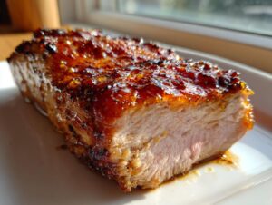 Close-up of a perfectly cooked pork tenderloin recipe slice showing a juicy interior and a thick, caramelized glaze.