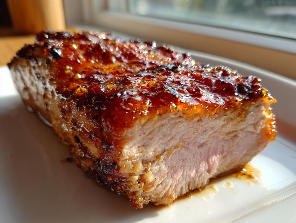Close-up of a perfectly cooked pork tenderloin recipe slice showing a juicy interior and a thick, caramelized glaze.
