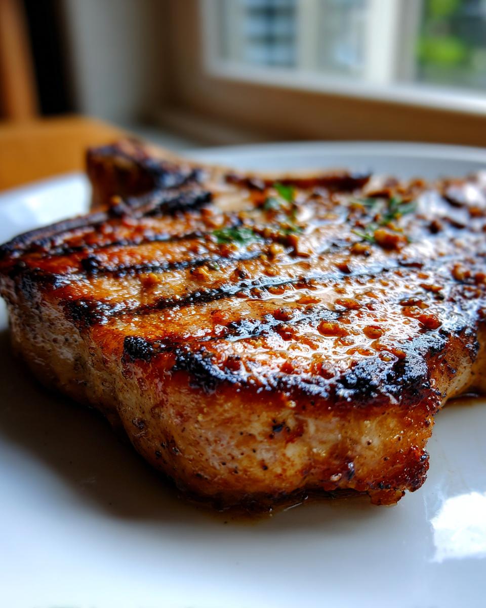 Close-up of a thick, grilled pork chop showing perfect grill marks and a glossy marinade for pork chops.