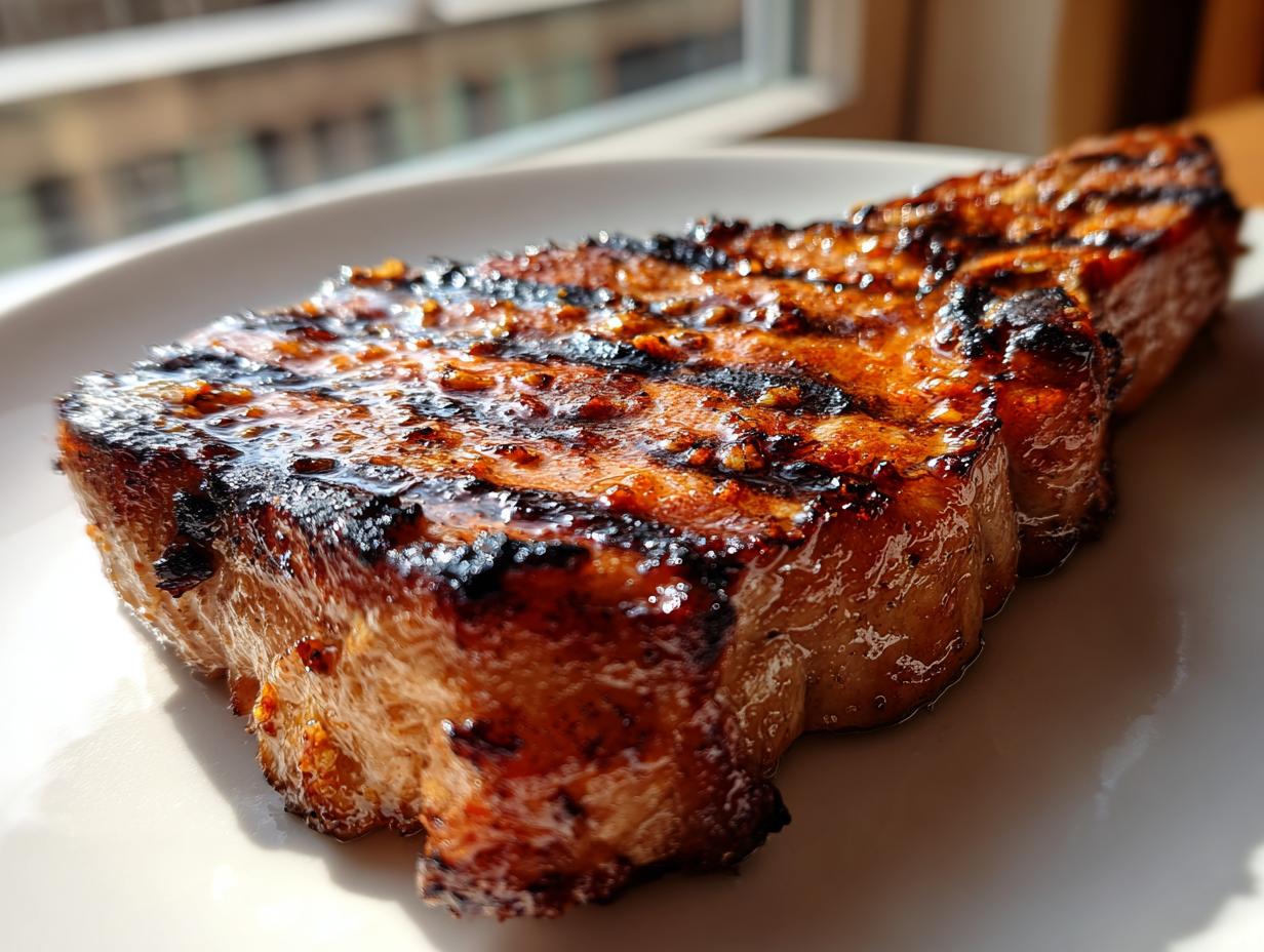 Close-up of a thick, juicy pork chop cooked with grill marks, glistening from a flavorful marinade for pork chops.