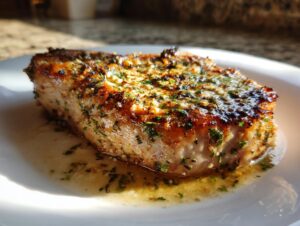 Close-up of a thick, juicy pork chop seasoned with herbs, resting in its pan sauce on a white plate.