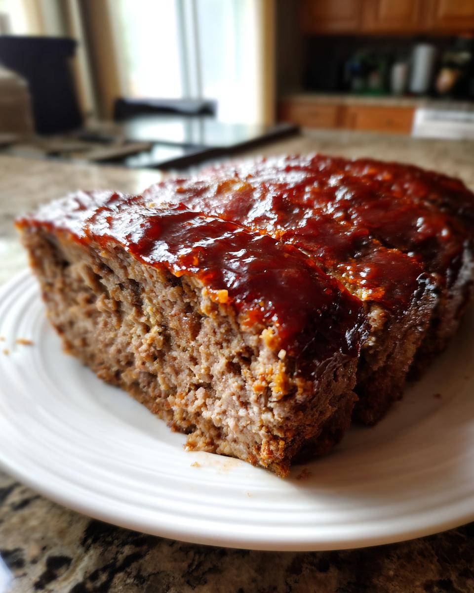Close-up of a thick slice of juicy Keto meatloaf topped with a shiny, dark red glaze.