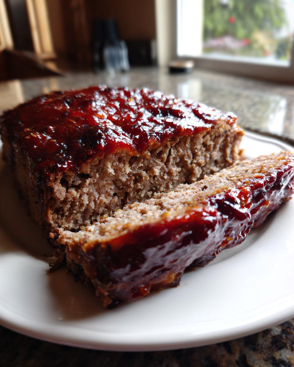 A thick slice cut from a juicy Keto meatloaf, topped with a rich, shiny glaze, served on a white plate.