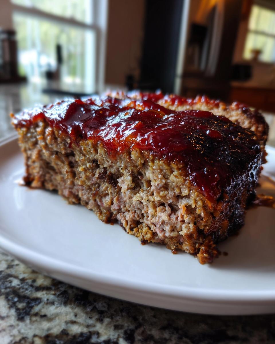 Close-up of a thick slice of juicy Keto meatloaf topped with a rich, dark red glaze on a white plate.
