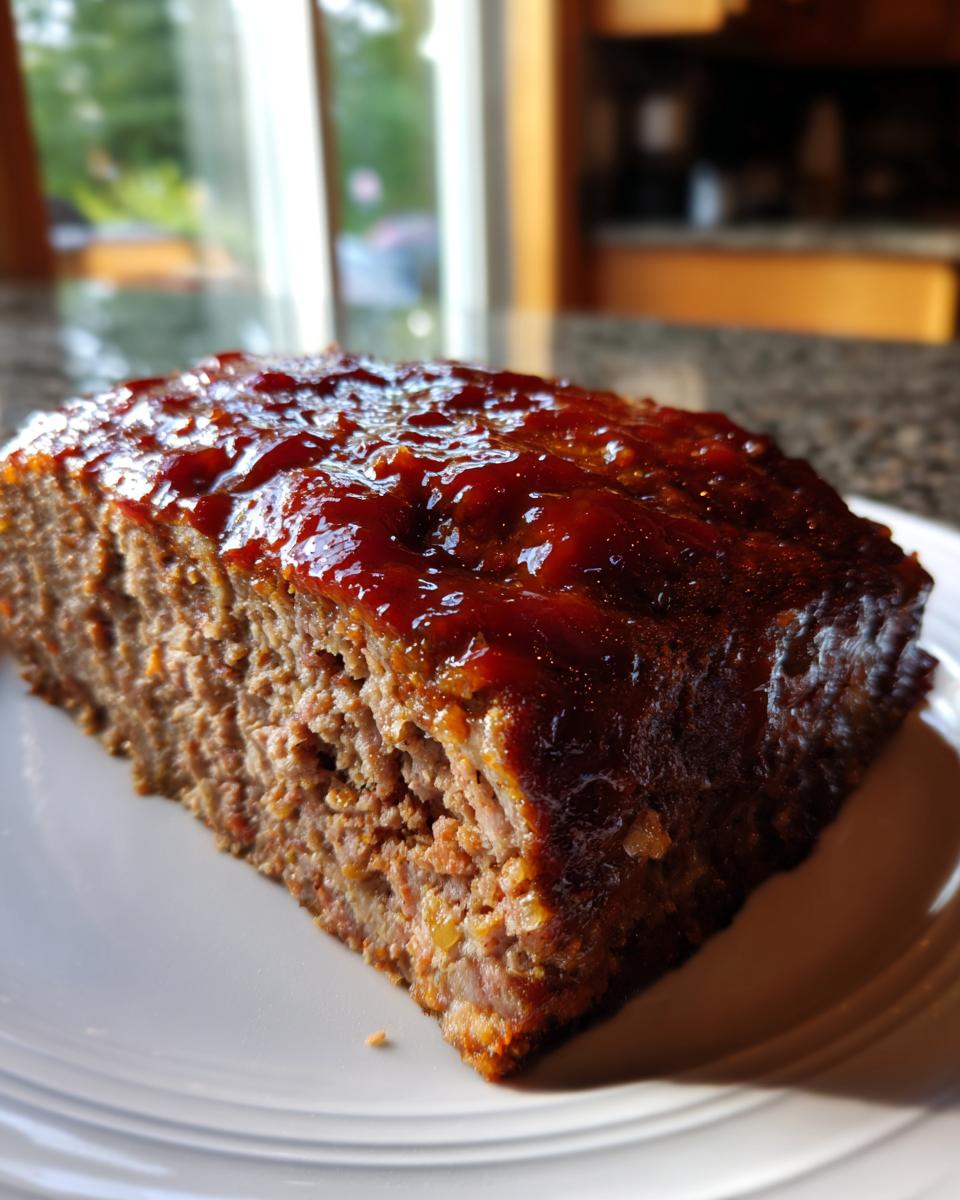 A thick slice of juicy Keto meatloaf topped with a shiny, dark red glaze, resting on a white plate.