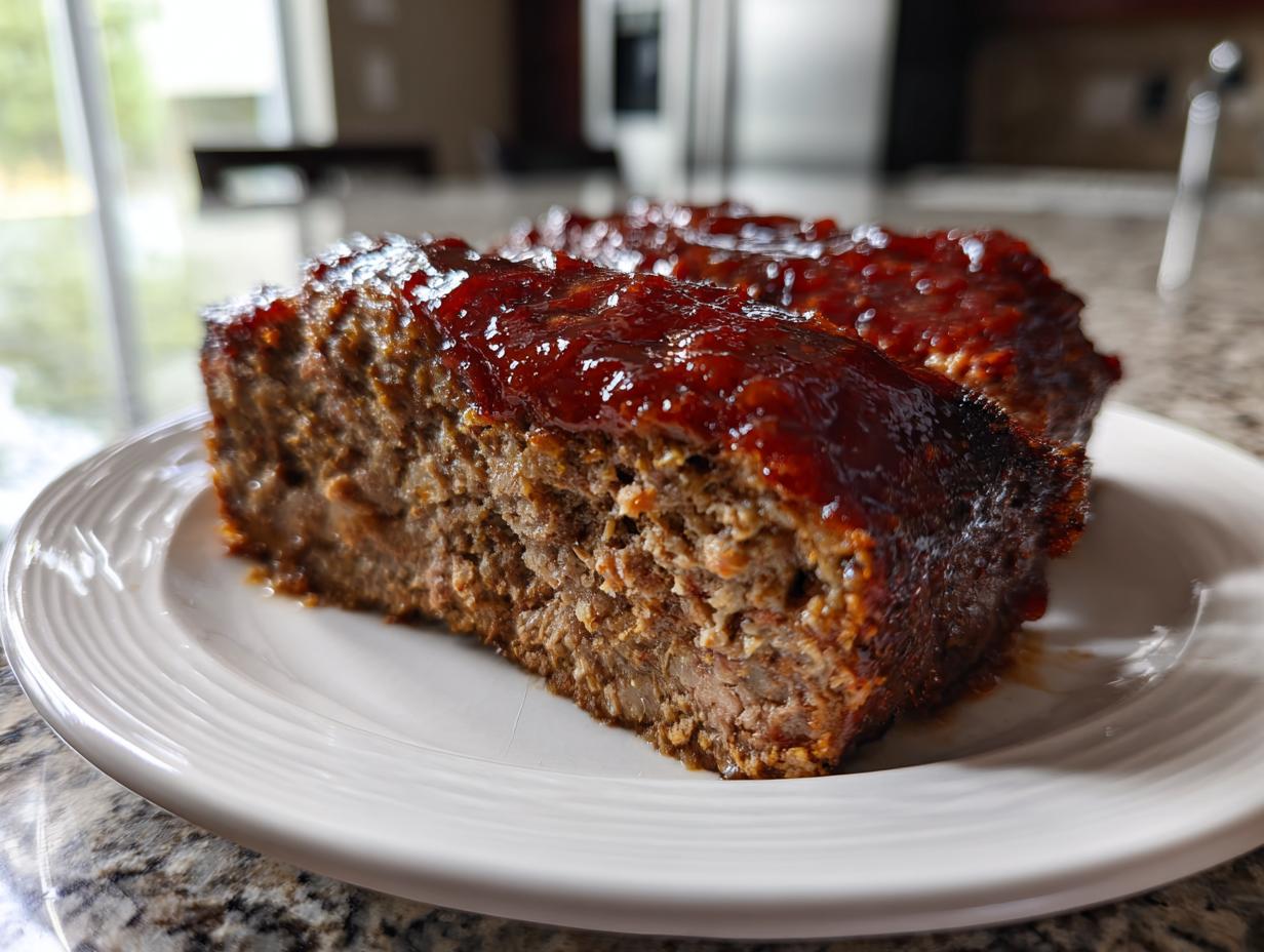 Two thick slices of juicy Keto meatloaf topped with a shiny, dark red glaze, served on a white plate.