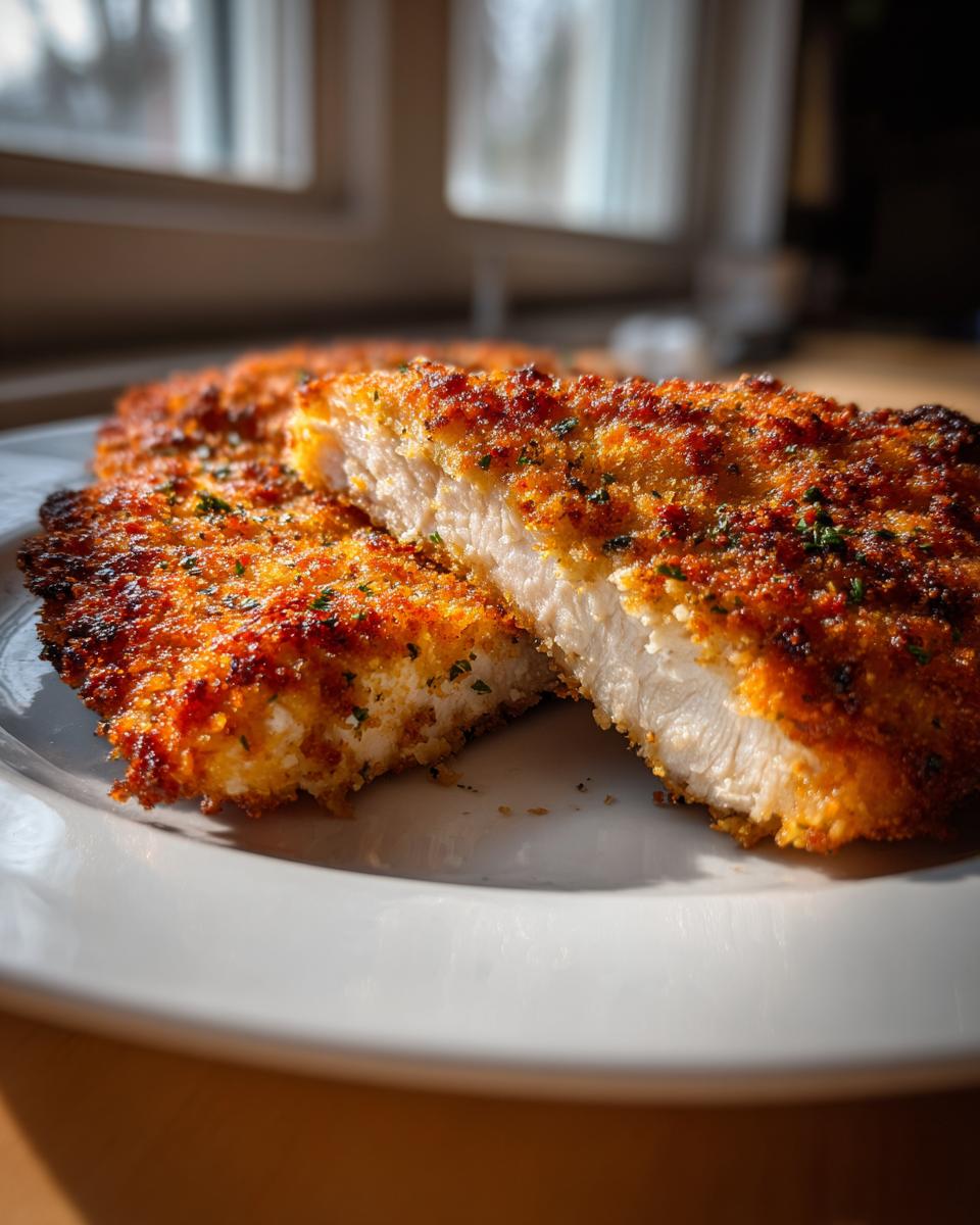 Close-up of juicy parmesan crusted chicken cut in half, showing the white interior and golden crust.