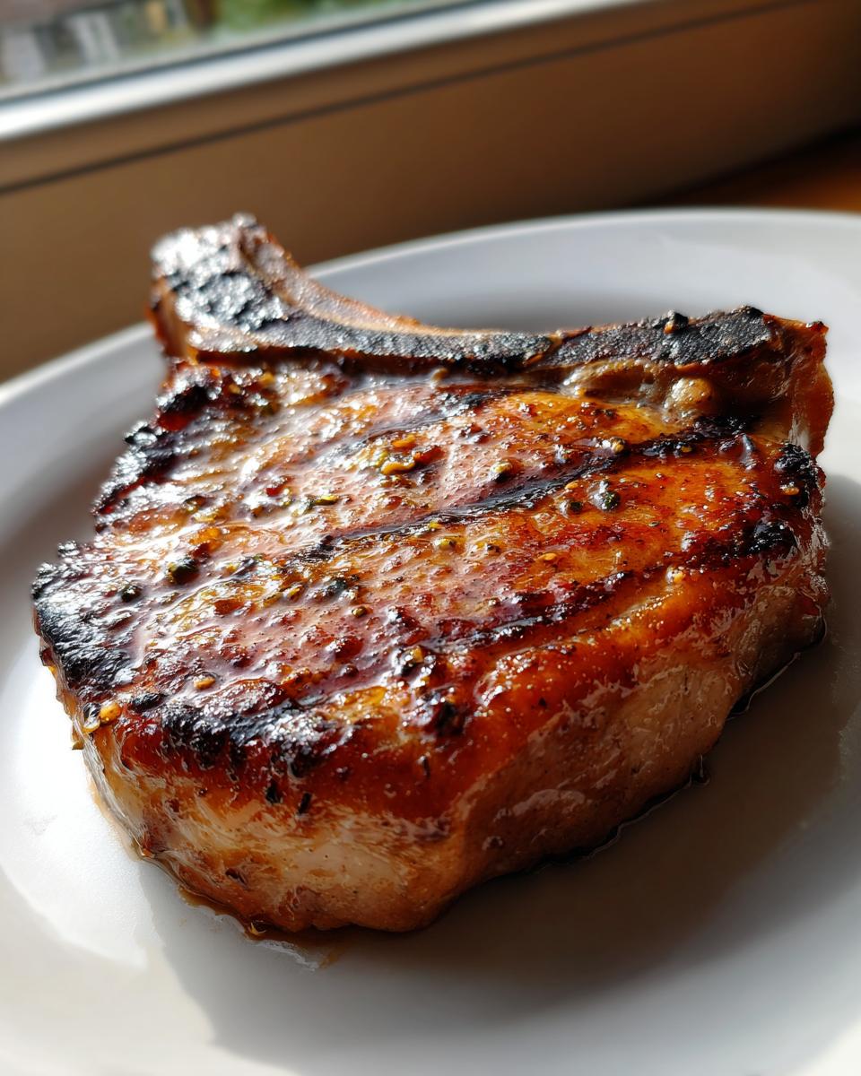 Close-up of a thick, bone-in pork chop glistening with a savory marinade, perfectly grilled.