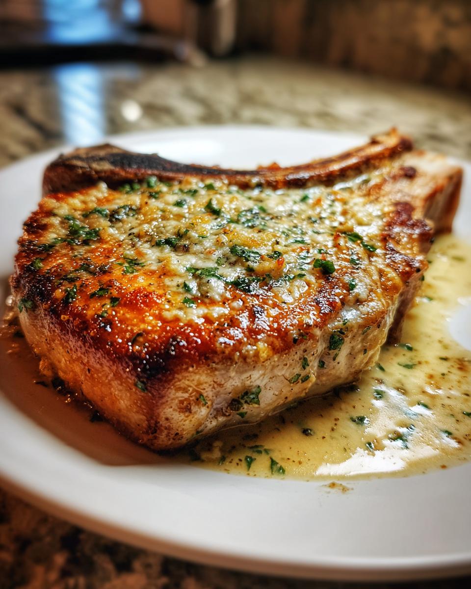 A thick, juicy pork chop topped with melted cheese and herbs, resting in a creamy garlic sauce.