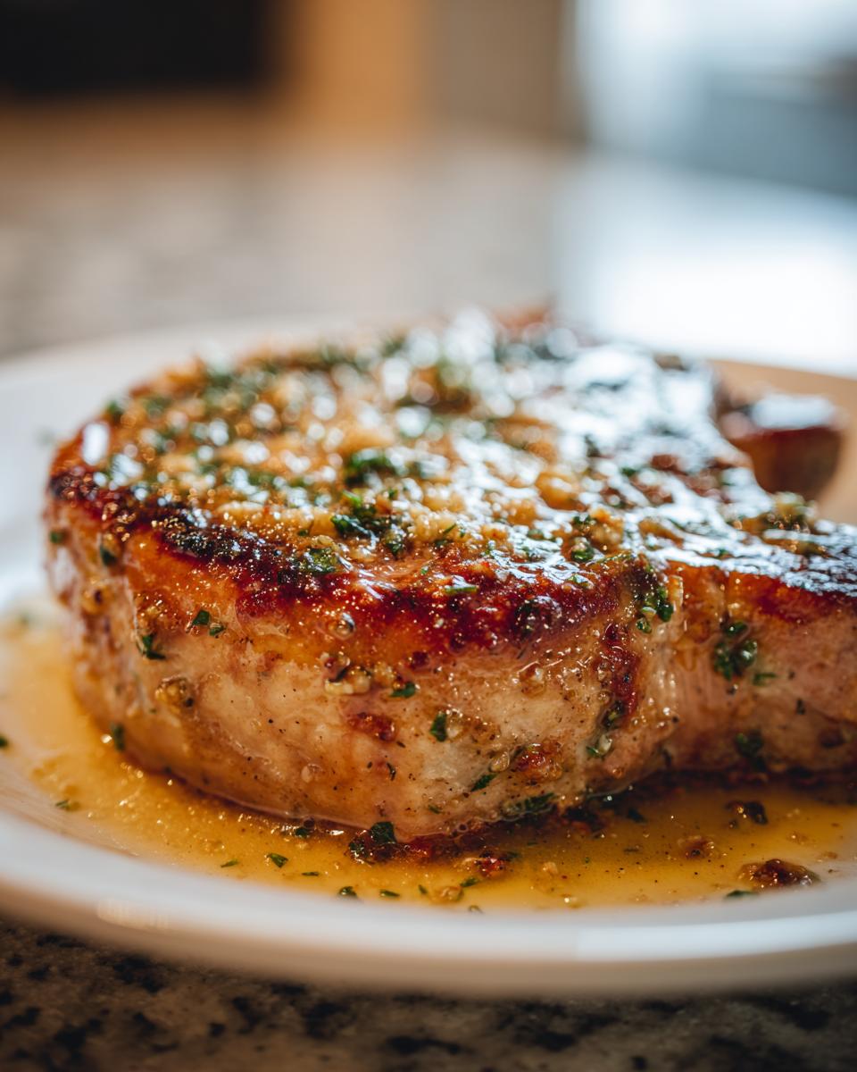 Close-up of a thick, juicy pork chop, perfectly seared and topped with a glistening herb and garlic butter sauce.