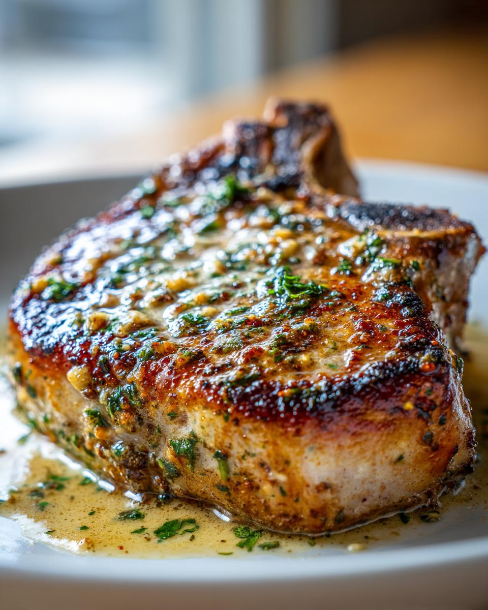 Close-up of a thick, juicy pork chop seared golden brown and topped with a glistening herb butter sauce.