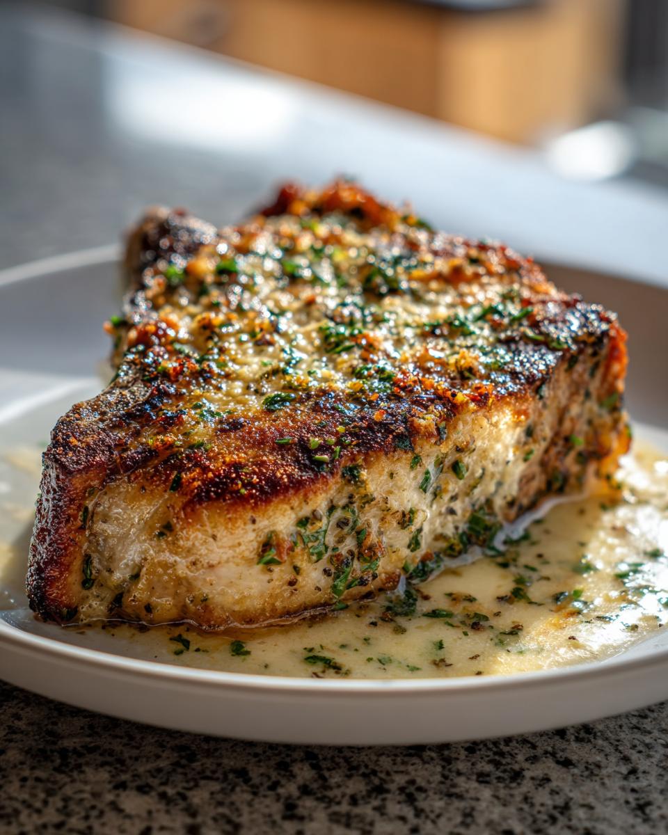 Close-up of a thick, juicy pork chop, perfectly seared and topped with herbs, resting in a creamy pan sauce.