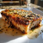 Close-up of a perfectly seared, juicy pork chop topped with herbs and resting in a light pan sauce.