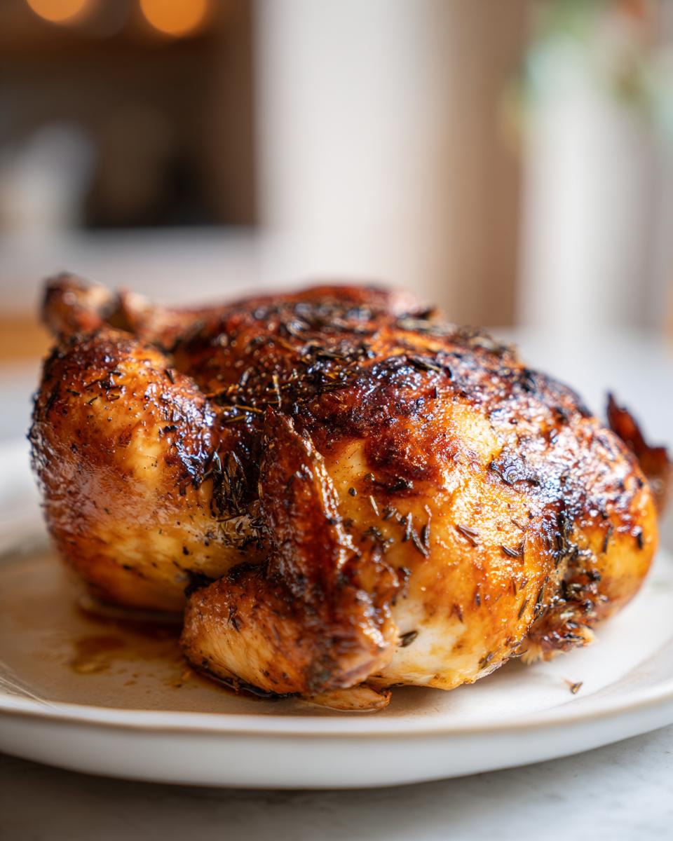 A perfectly cooked roasted chicken with dark, crispy, herb-coated skin resting on a white plate.