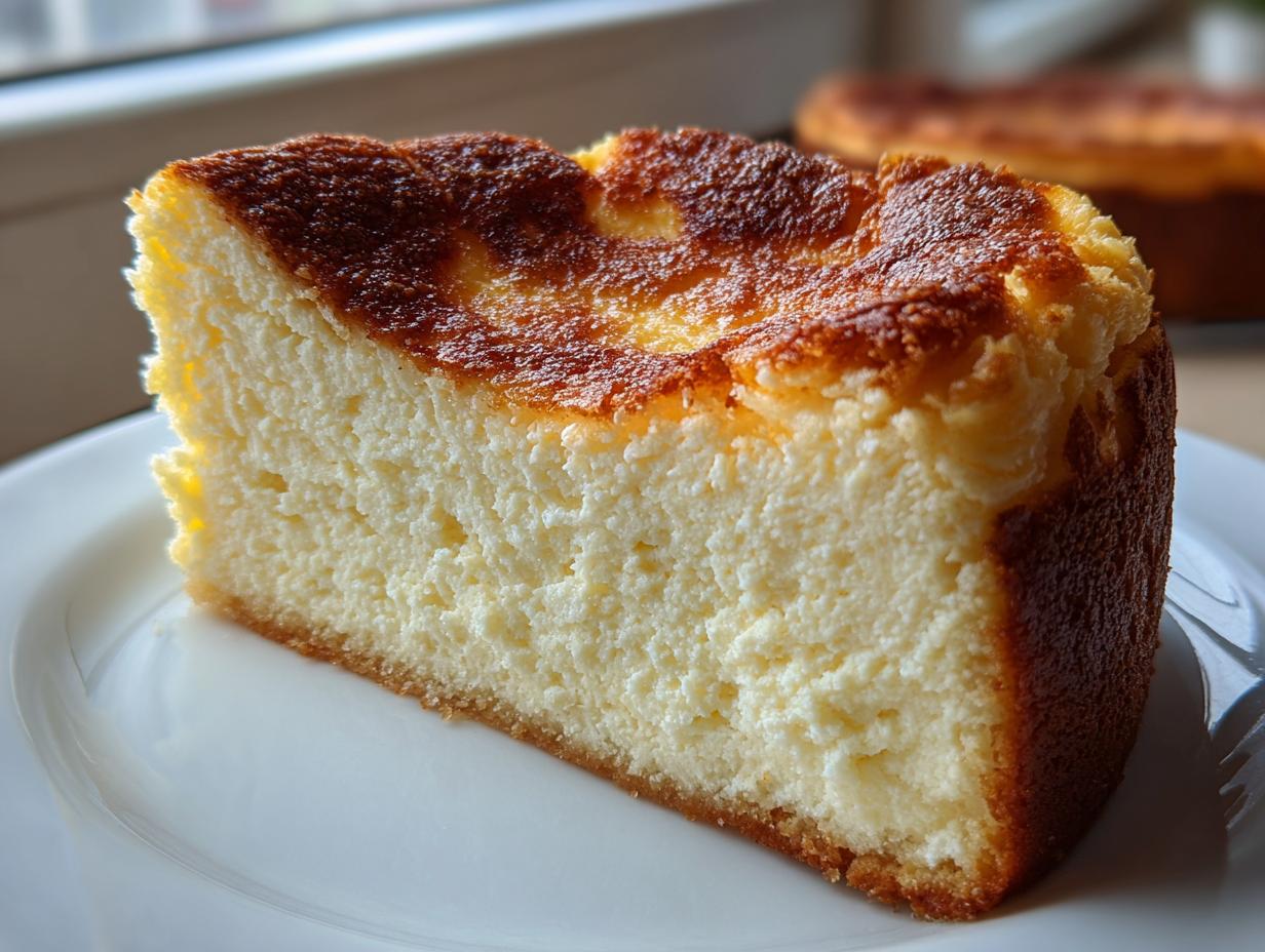 A thick slice of creamy Keto cheesecake with a deeply caramelized, browned top, served on a white plate.