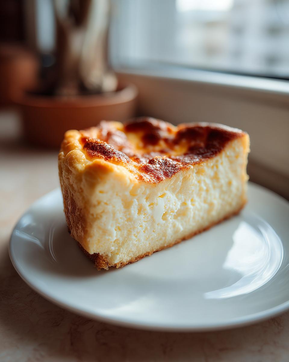 A thick slice of creamy Keto cheesecake with a deeply caramelized, slightly burnt top, served on a white plate.