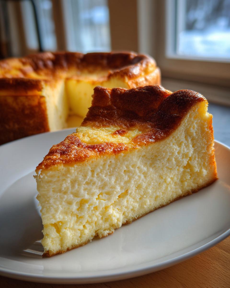 A thick slice of creamy Keto cheesecake with a deeply browned, slightly sunken top, served on a white plate.