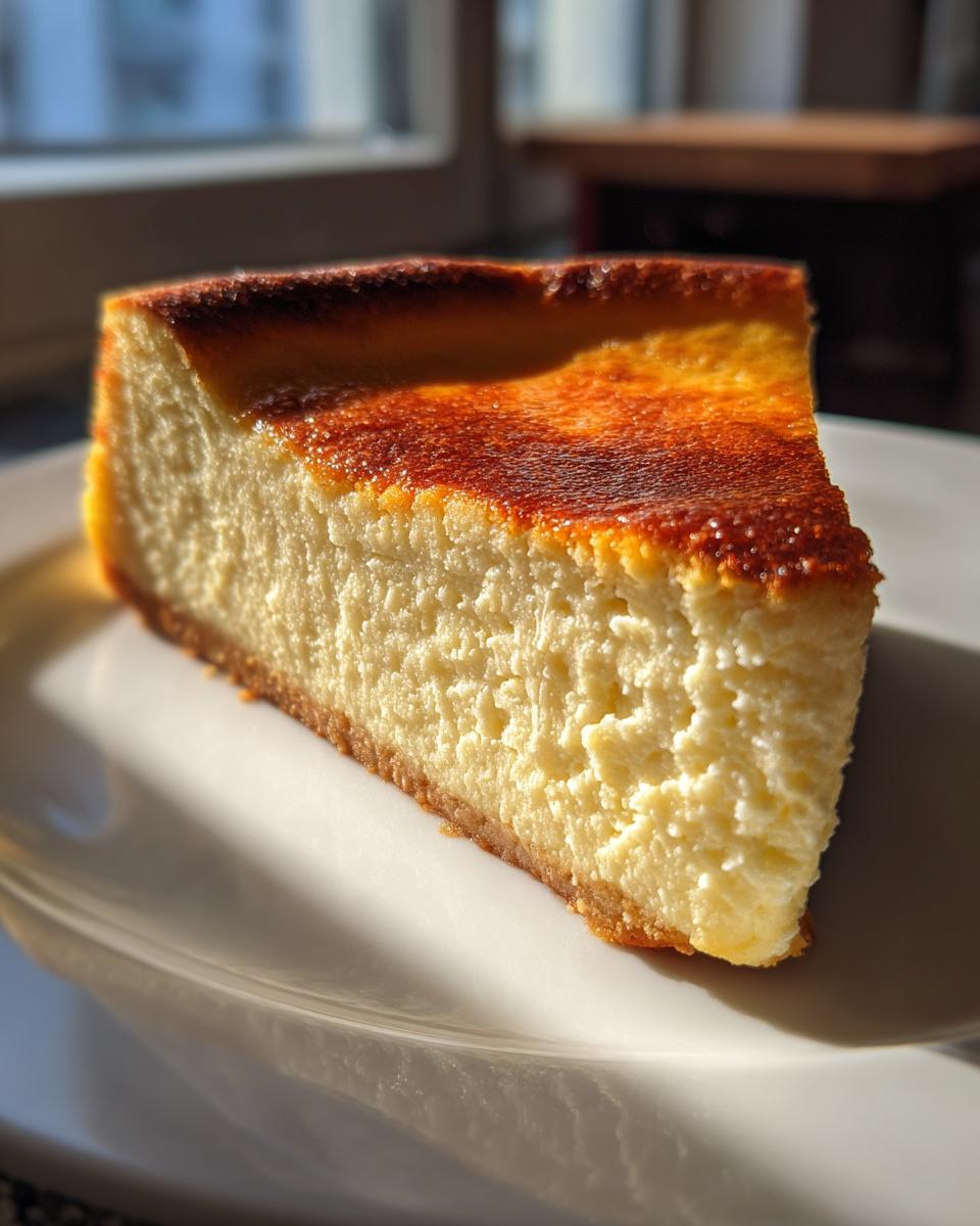 A close-up slice of baked Keto cheesecake with a deeply caramelized top, sitting on a white plate.