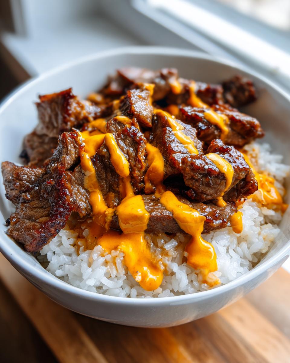 Close-up of Korean BBQ steak rice bowls featuring marinated steak pieces over white rice, drizzled with a bright orange sauce.