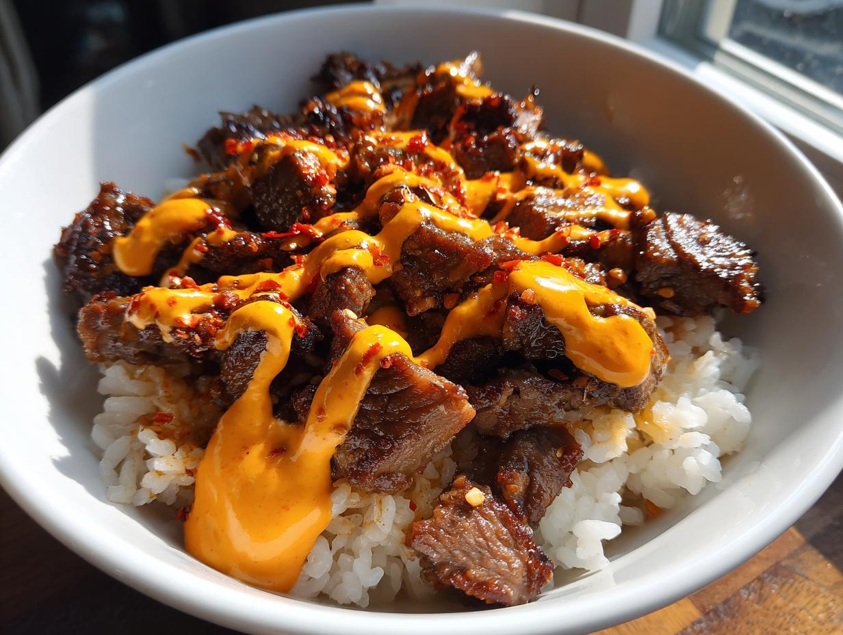Close-up of Korean BBQ steak rice bowls featuring marinated steak over white rice, topped with spicy orange sauce and chili flakes.