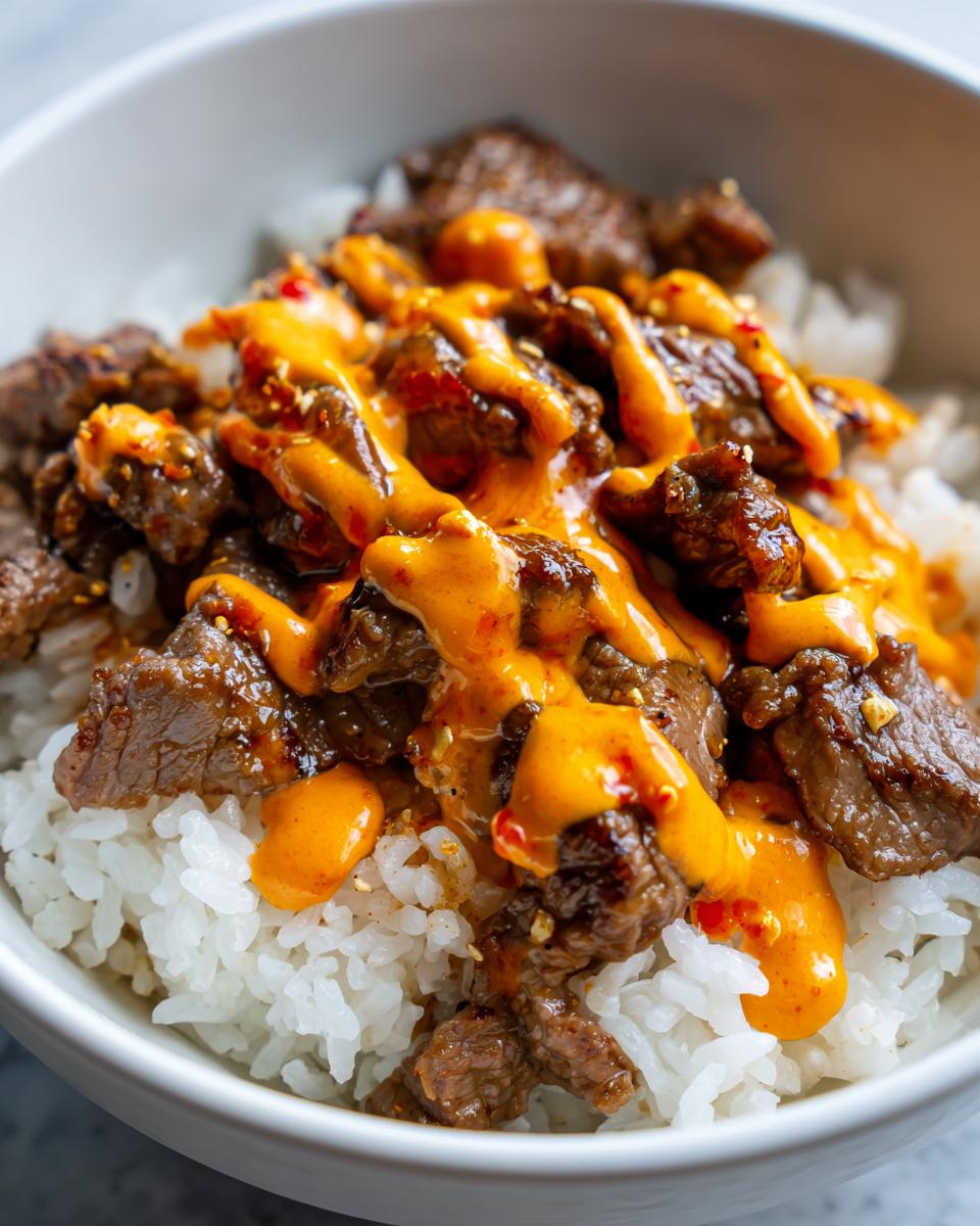Close-up of Korean BBQ steak rice bowls featuring marinated steak pieces over white rice, drizzled with a creamy orange spicy sauce.