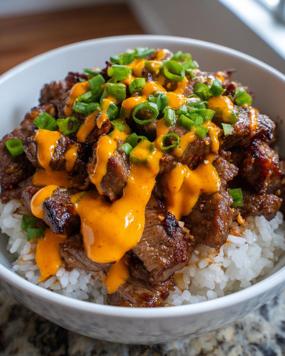 Close-up of Korean BBQ steak rice bowls topped with orange spicy sauce and green onions.