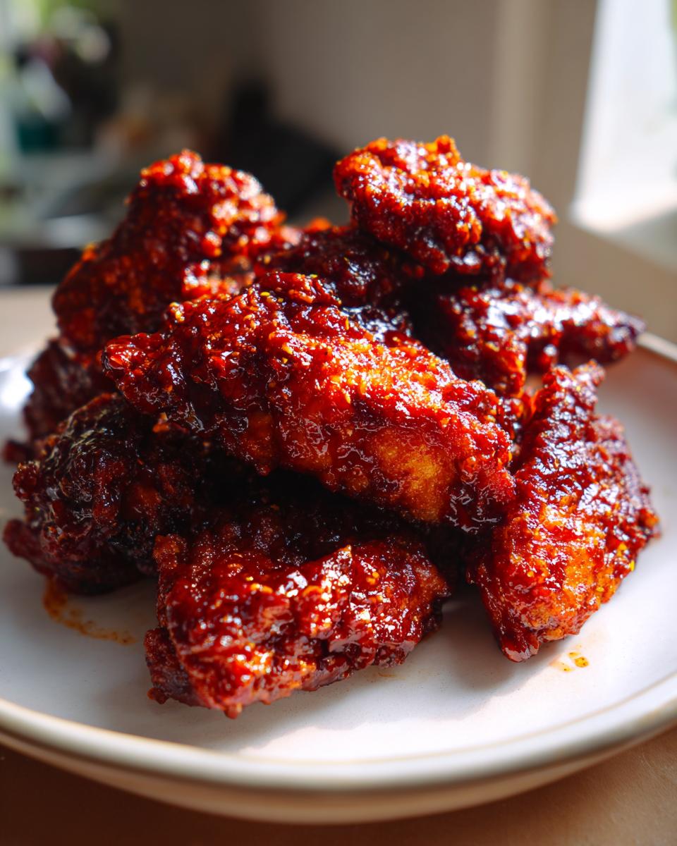 Close-up of a pile of sticky, glossy, red-glazed korean fried chicken wings on a white plate.