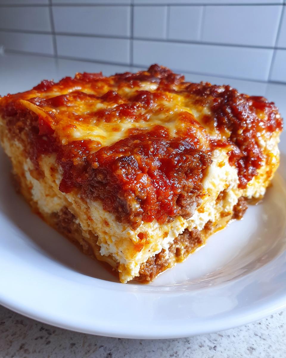 A thick, square slice of Lasagna with Cottage Cheese showing layers of white cheese filling, meat sauce, and a bubbly, baked top.
