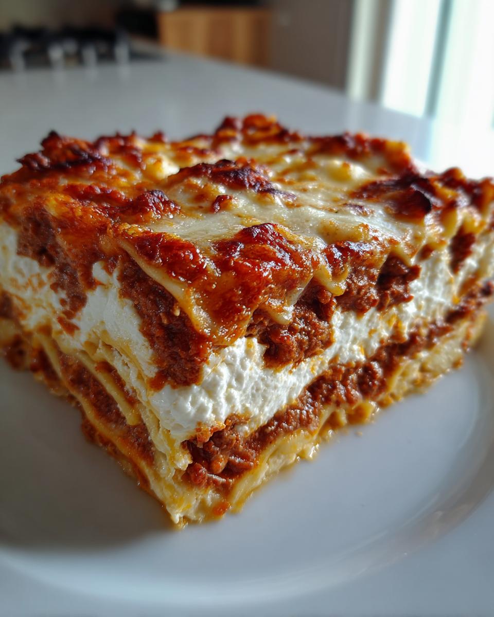 A close-up of a hearty slice of lasagna with cottage cheese filling, rich meat sauce, and melted cheese topping.