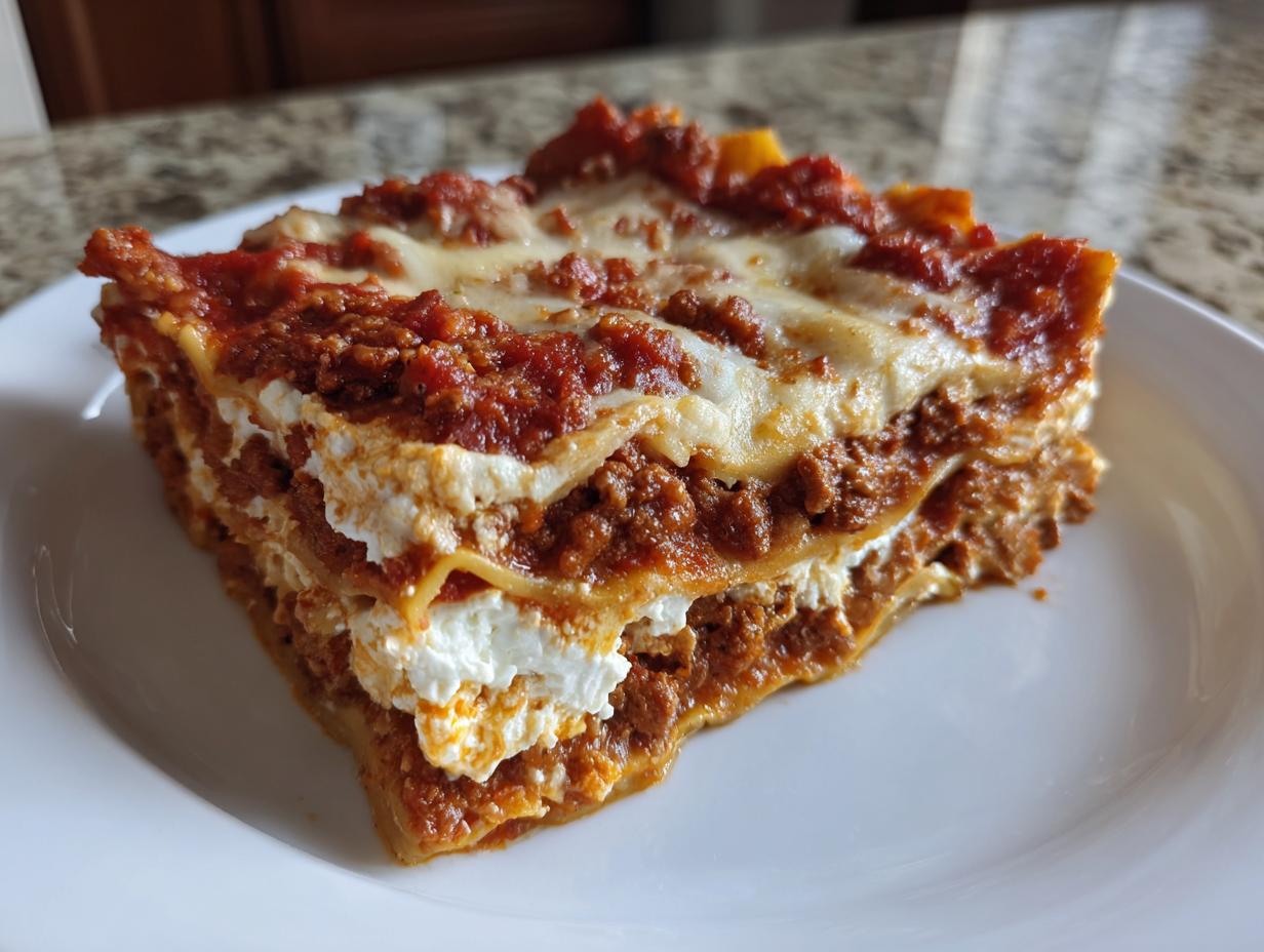 A thick, layered slice of Lasagna with Cottage Cheese, featuring rich meat sauce and creamy white cheese layers.