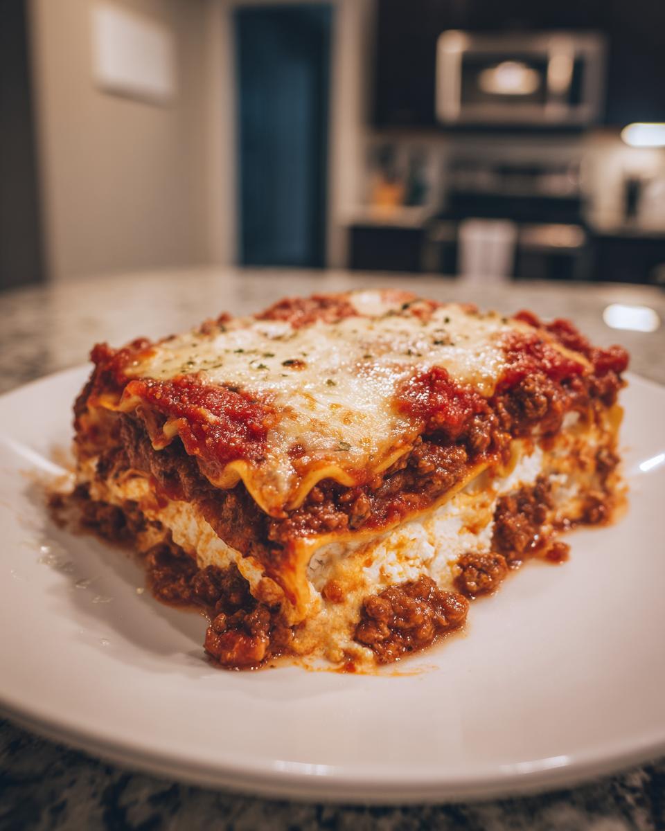 A generous slice of Lasagna with Cottage Cheese showing layers of meat sauce, white cheese filling, and melted mozzarella topping.