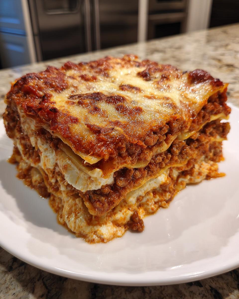 A thick, layered slice of Lasagna with Cottage Cheese featuring rich meat sauce and melted cheese topping.