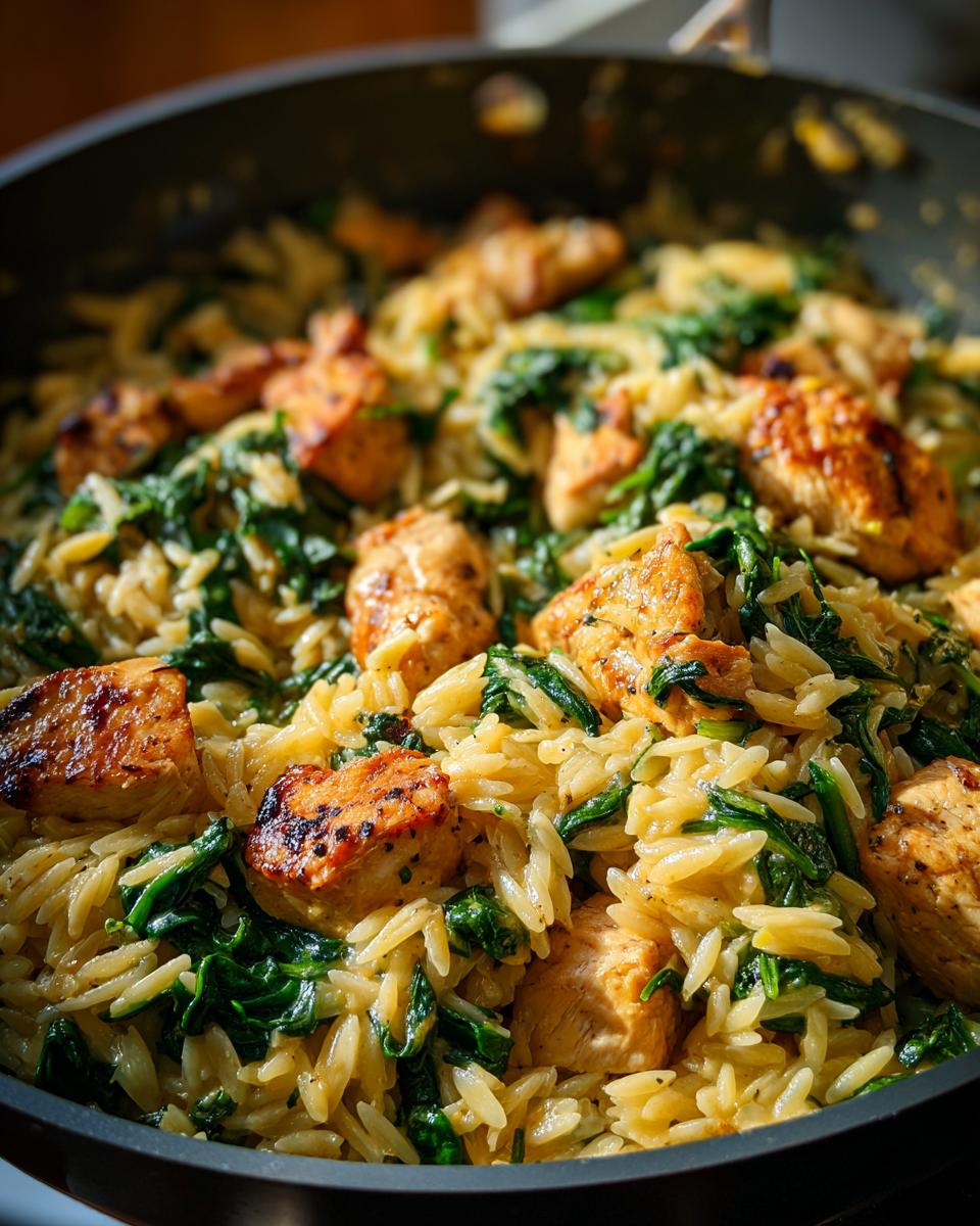 Close-up view of pan-cooked lemon chicken orzo mixed with wilted spinach and golden-brown chicken pieces.