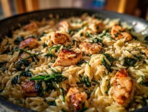 Close-up of pan-seared chicken pieces mixed with orzo pasta and wilted spinach, featuring our lemon chicken orzo.