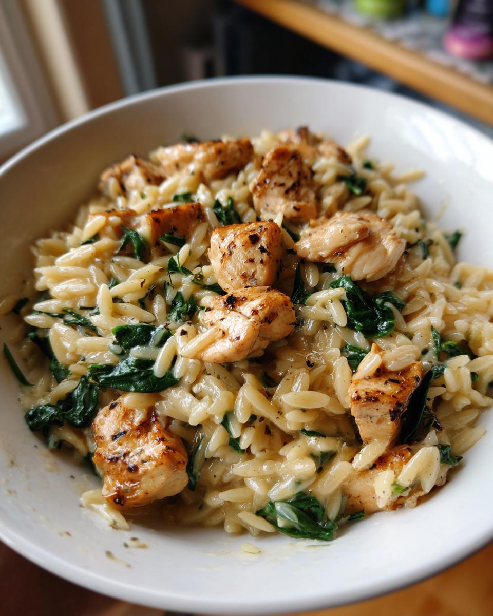 A white bowl filled with creamy lemon chicken orzo pasta mixed with wilted spinach and topped with grilled chicken pieces.