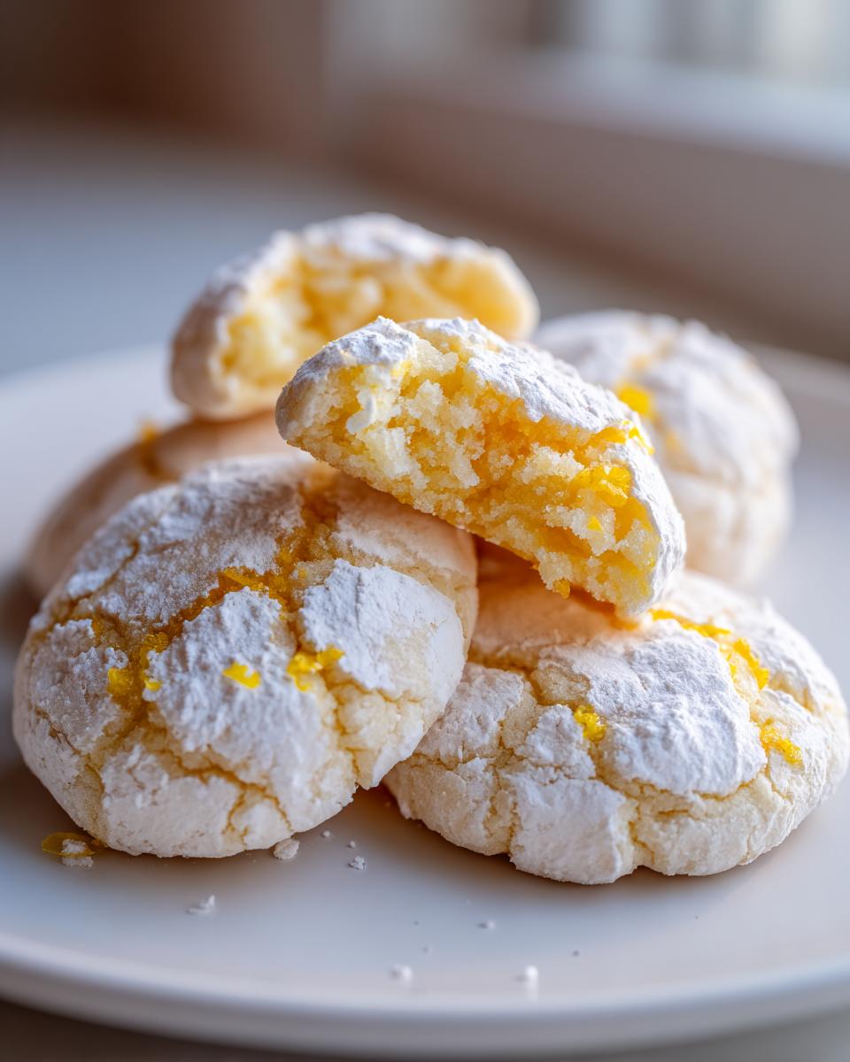 A stack of soft lemon crinkle cookies dusted heavily with powdered sugar, one cookie broken open to show the bright yellow interior.